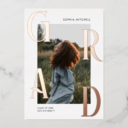 シック写真卒業パーティー 箔招待状 (正面)