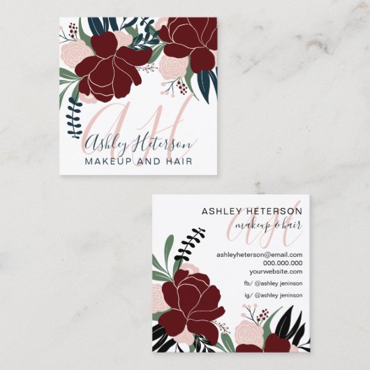 シック化粧レッドフローラネービーブルー文字モノグラム スクエア名刺 (正面/裏面)