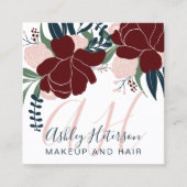 シック化粧レッドフローラネービーブルー文字モノグラム スクエア名刺 (正面)