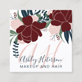 シック化粧レッドフローラネービーブルー文字モノグラム スクエア名刺