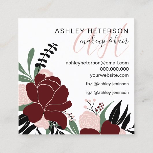 シック化粧レッドフローラネービーブルー文字モノグラム スクエア名刺 (裏面)