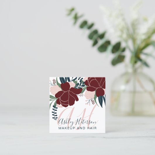 シック化粧レッドフローラネービーブルー文字モノグラム スクエア名刺 (スタンド正面)