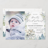 シック北極動物冬のオンダーランド1歳の誕生日 招待状 (正面/裏面)