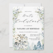 シック北極動物冬のオンダーランド1歳の誕生日 招待状 (正面)