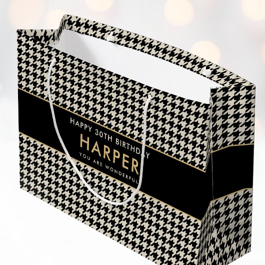 シック千鳥格子の誕生日Any Age 30thオフホワイト ラージペーパーバッグ