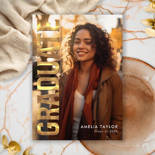 シック卒業はっきりした金ゴールドタイポグラフィ写真パーティー 招待状