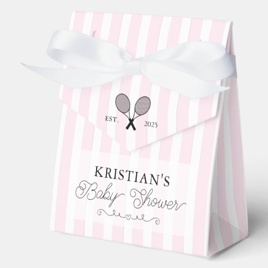 シック名門私立校風のピンクストライプテーマベビーシャワーテニス フェイバーボックス (正面)
