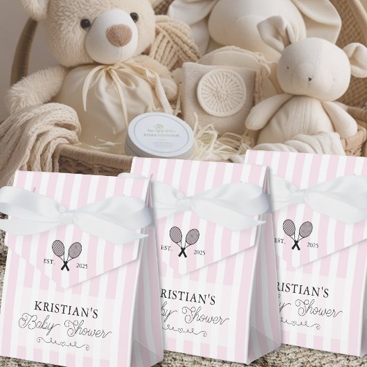 シック名門私立校風のピンクストライプテーマベビーシャワーテニス フェイバーボックス
