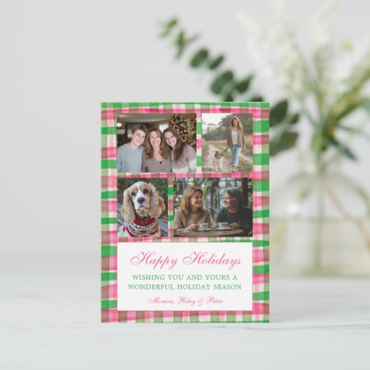 シック名門私立校風のプレイドクリスマスカスタム4 Photo Collage シーズンポストカード (スタンド正面)