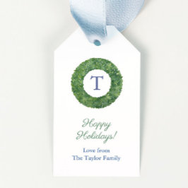 シック名門私立校風のボックウッドリースモノグラムハッピーホリデー ギフトタグ