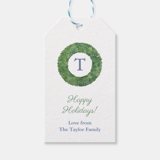 シック名門私立校風のボックウッドリースモノグラムハッピーホリデー ギフトタグ (正面)