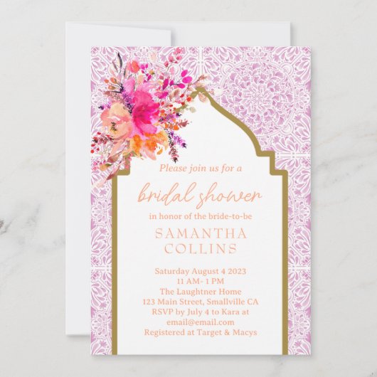 シック地中海のタイル薄紫水色フローラ 招待状 (正面)