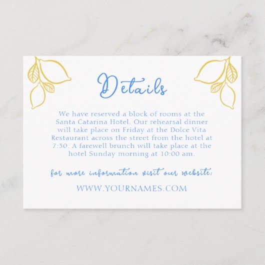 シック地中海のレモンブルーイタリアンタ結婚イル エンクロージャーカード (正面)