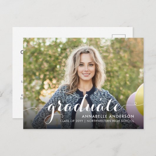 シック大学院スクリプトタイポグラフィ卒業パーティー インビテーションポストカード (正面/裏面)