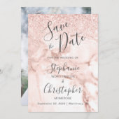 シック大理石バラ金ゴールドグリッター写真の保存日付 招待状 (正面/裏面)