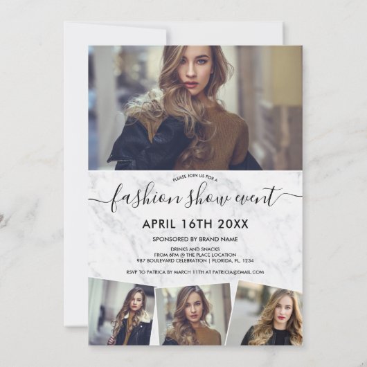 シック大理石ミニマリストのスクリプト写真ファッションショー 招待状 (裏面)