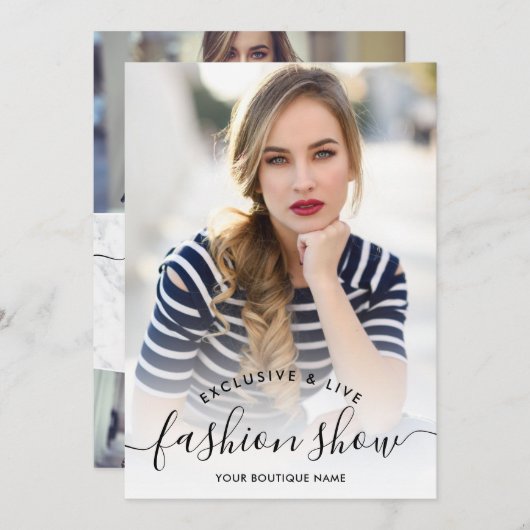 シック大理石ミニマリストのスクリプト写真ファッションショー 招待状 (正面/裏面)