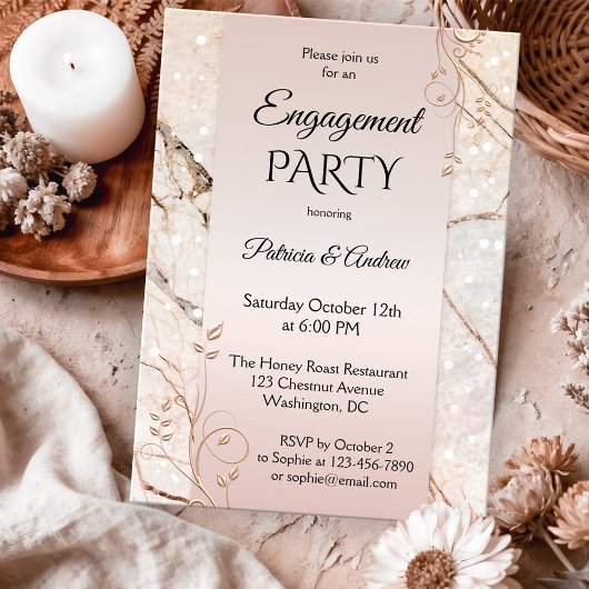 シック大理石赤面ピンクフローラ婚約 招待状