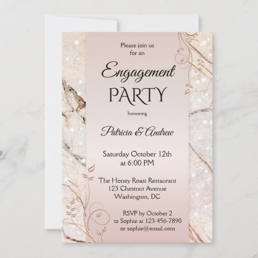 シック大理石赤面ピンクフローラ婚約 招待状 (正面)