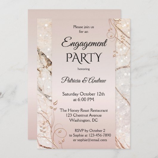 シック大理石赤面ピンクフローラ婚約 招待状 (正面/裏面)