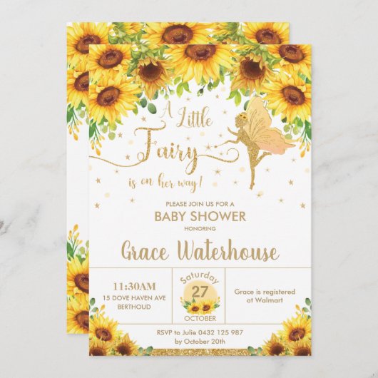 シック妖精ひまわりフローラベビーシャワーガール 招待状 (正面/裏面)