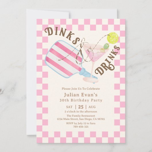 シック市松模様にディンク&ドリンクピックボール誕生日 招待状 (正面)