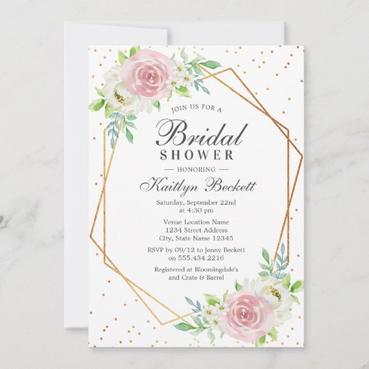 シック幾何学ゴールドフォイルフローラブライダルシャワー 招待状 (正面)