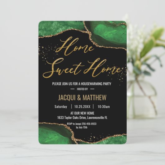 シック引っ越し祝いパーティーパーティーエメラルドグリーンアゲート大理石 招待状 (スタンド正面)