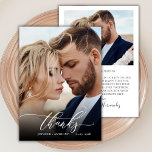 シック感謝していスクリプト2写真結婚のサンキューカード サンキューカード<br><div class="desc">シックモダンボホ書道スクリプ結婚トの2つの写真サンキューカード。結婚のスタイリッシュテンプレートは前面に完全な垂直の写真と写真のレタリングタイポグラフィのスクリプトの手のののののを白いオーバーレイと反対側のに入れ替える感謝してい"のを特徴とし、前にメッセージを作った(1)。2枚の写真が入った両面カード。簡単にあなたの名前とメッセージ感謝していをパーソナライズする。ノートもしを手書きしたい場合は、サンプル文字を削除して宇宙を増やす。おもしし救済まは合わせ品連絡が欲しい！</div>