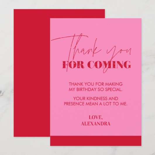 シック手書きホットピンクレッドグリッター サンキューカード (正面/裏面)