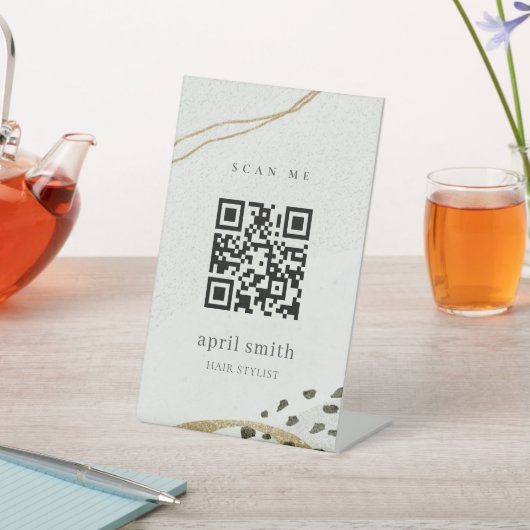 シック抽象芸術アイボリー金ゴールドブラックグレーストーンQRコード 台座サイン (インサイチュ)