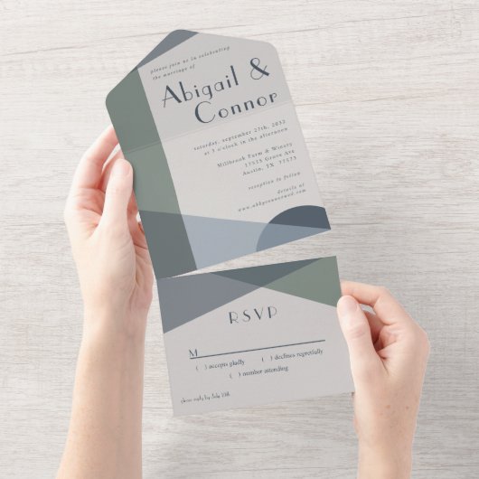 シック抽象芸術ジオメトリックセージ海軍ダスティブルー オールインワン招待状 (貼ってはがせる)