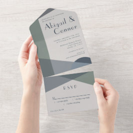 シック抽象芸術ジオメトリックセージ海軍ダスティブルー オールインワン招待状