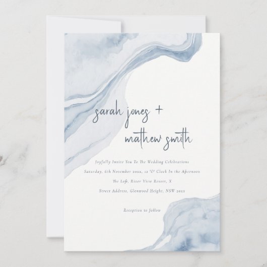 シック抽象芸術ソフトブルーシーコーストビーチ結婚式 招待状 (正面)