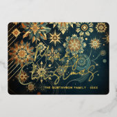 シック抽象芸術ティール（緑がかった色）ブルースノーフレークフローラアート金ゴールド 箔シーズンカード (正面)