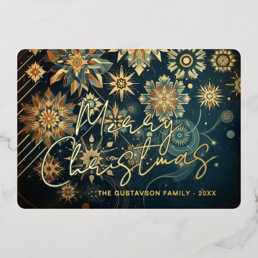 シック抽象芸術ティール（緑がかった色）ブルースノーフレークフローラアート金ゴールド 箔シーズンカード (正面)