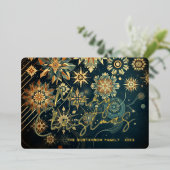 シック抽象芸術ティール（緑がかった色）ブルースノーフレークフローラアート金ゴールド 箔シーズンカード (立ち正面)