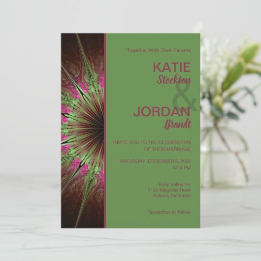 シック抽象芸術ピンクアンドグリーン結婚式招待状 招待状 (スタンド正面)