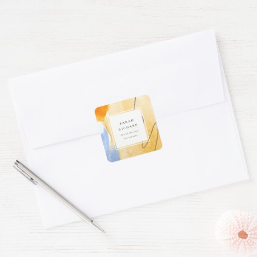 シック抽象芸術芸術的イエローブルーウォーターカラーアート スクエアシール (封筒)