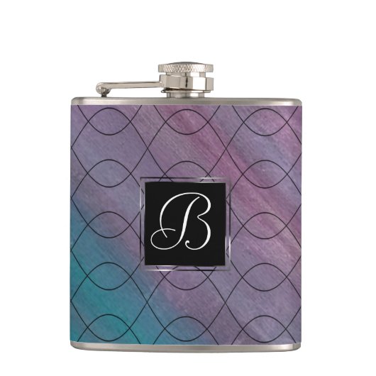シック抽象芸術 |ピンクティール(緑がかった色)ブルーターコイズ紫 フラスク (正面)