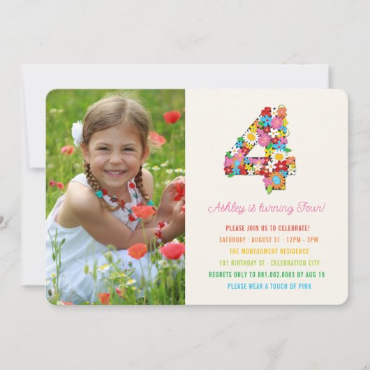 シック春の花ガーデンフォトガール4th誕生日 招待状 (正面)