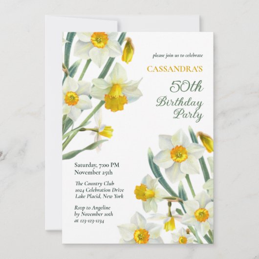シック春イエローダフォディルボタニカル誕生日 招待状 (正面)