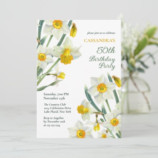 シック春イエローダフォディルボタニカル誕生日 招待状 (スタンド正面)
