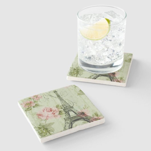 シック春ミントピンクフローラパリエッフェルタワー ストーンコースター (横)
