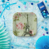 シック春ミントピンクフローラパリエッフェルタワー ペーパープレート (パーティー)