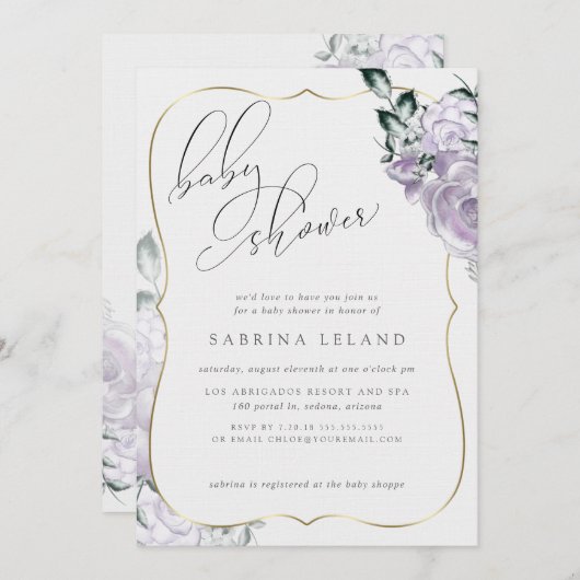 シック書道ベビーシャワーラベンダーフローラバラ 招待状 (正面/裏面)