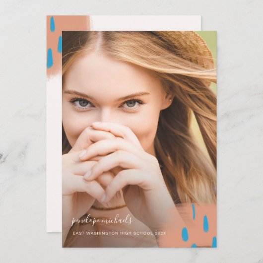 シック桃のスプラッシュ写真卒業パーティー 招待状 (正面/裏面)