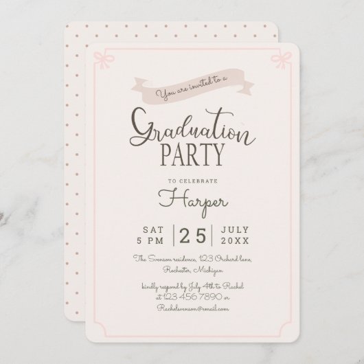 シック水玉模様ヴィンテージ卒業党 招待状 (正面/裏面)