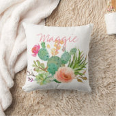 シック水色フローラ、サボテパーソナライズされたン クッション (ブランケット)