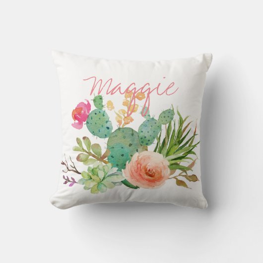 シック水色フローラ、サボテパーソナライズされたン クッション (正面)